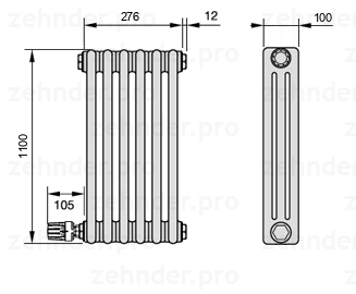 Схема (чертеж) Радиатор Zehnder Charleston 3110/6 №V003 Белый глянцевый RAL 9016